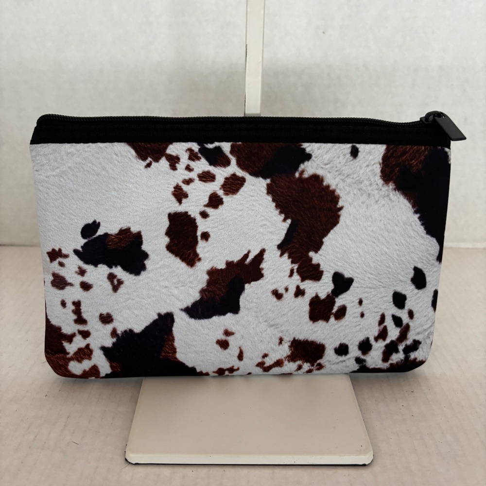 Makeup Bag Women Small Brown White Cow Print Faux Cowhide Western Pouch - Picture 2 of 8